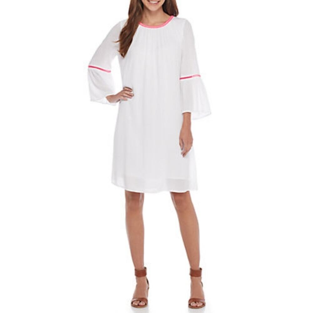 Cupio Shift Dress Bell Sleeves White with Hot Pink Tassel and Trim | Large